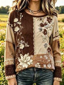 Selamara Women Casual Floral Patchwork T Shirt Print Long Sleeve Top Retro Lace Graphic Vintage Boho - Multicolor - View 3