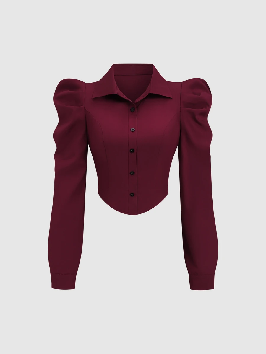 Sweetra Women's Single-Breasted Casual Slim Fit Solid Color Blouse With Puff Sleeves - Burgundy - View 1
