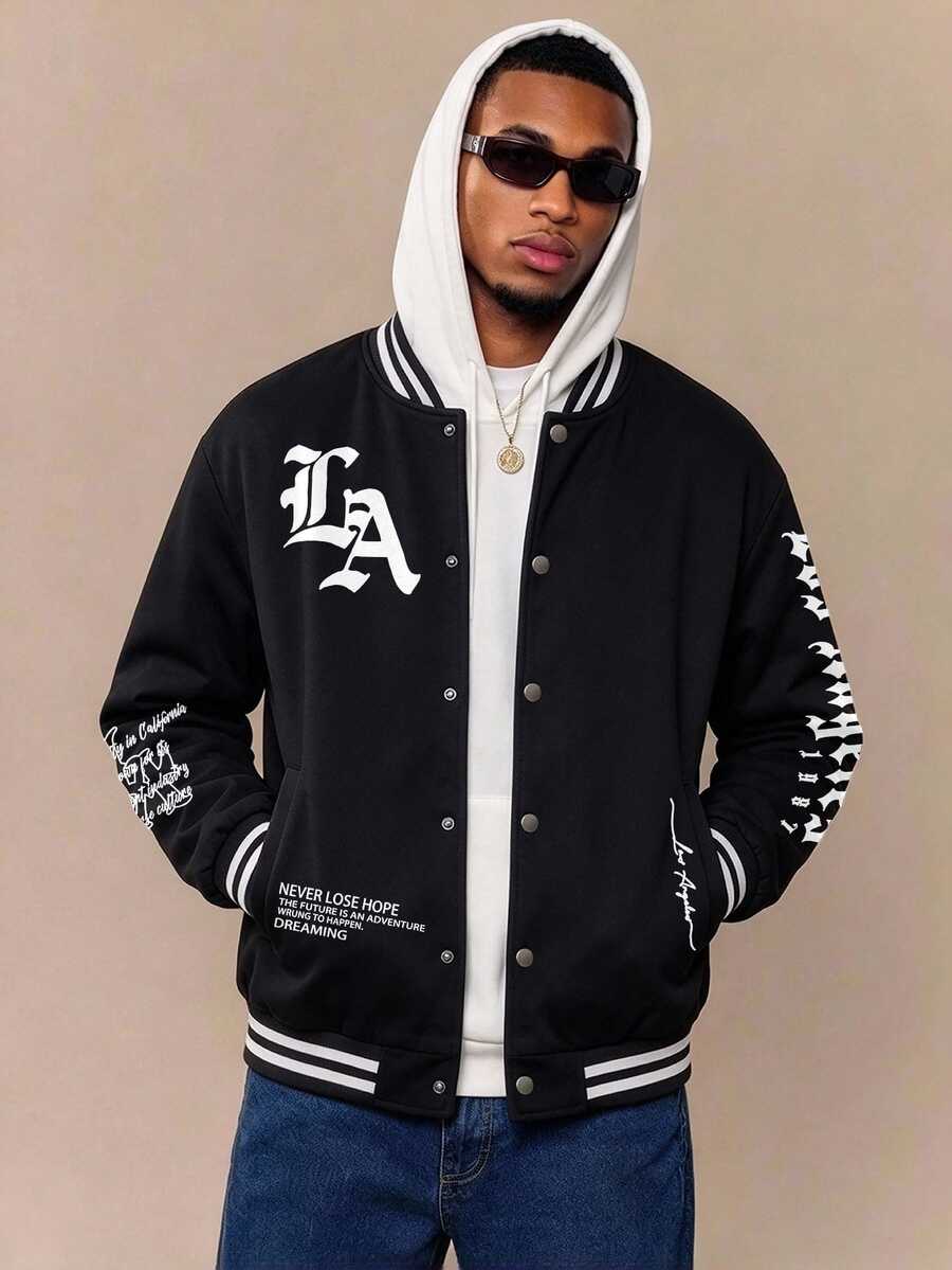 Aesthetic Post Men's Letter Print Front Button Casual Long Sleeve Thermal Lined Jacket, Grunge, Fall/Winter - Black - View 1
