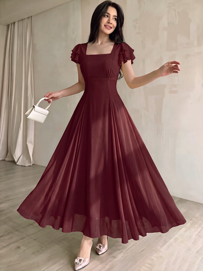 Modelyn Women's Designer Square Neck Split Triangle Mid-Length Dress