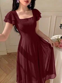 Modelyn 女款設計師方領開衩三角中長洋裝 - 酒紅色 - 查看 8