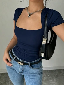 Rafferiza 時尚修身肩袖U領腰部抓皺高彈力針織白色春夏女款T恤 - 藏蓝色 - 查看 4