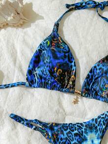 Elavelle Multicolor Leopard Print Halter Tie Back Bikini Set For Women With Thongs - Multicolor - View 5