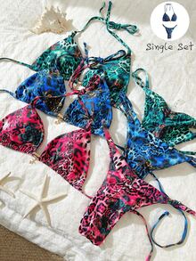 Elavelle Multicolor Leopard Print Halter Tie Back Bikini Set For Women With Thongs - Multicolor - View 2