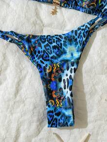 Elavelle Multicolor Leopard Print Halter Tie Back Bikini Set For Women With Thongs - Multicolor - View 6
