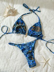 Elavelle Multicolor Leopard Print Halter Tie Back Bikini Set For Women With Thongs - Multicolor - View 3