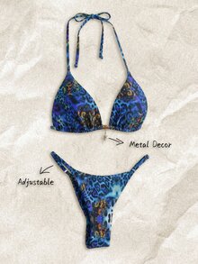 Elavelle Multicolor Leopard Print Halter Tie Back Bikini Set For Women With Thongs - Multicolor - View 1