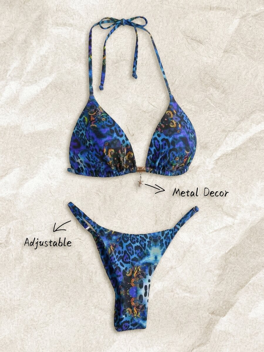 Elavelle Multicolor Leopard Print Halter Tie Back Bikini Set For Women With Thongs - Multicolor - View 1