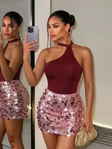 SHEIN BamGlam 2026 Autumn/Winter New Style Sleeveless Shoulder-Opening, Ribbon Decorated Collar Overalls + Beaded Midi Skirt 2 Pieces Set For Girls, Suitable For Par - Red - View 2