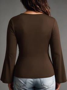 Velvienne Plus Size Women's Versatile Premium Metal Decor T-Shirt, Suitable For Dating, Vacation, Party, Daily Outings, Gatherings, Outdoor Activities Fall - Brown - View 2