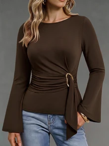 Velvienne Plus Size Women's Versatile Premium Metal Decor T-Shirt, Suitable For Dating, Vacation, Party, Daily Outings, Gatherings, Outdoor Activities Fall - Brown - View 4