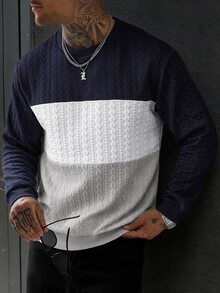 EGENSIO Men's Colorblock Crew Neck Long Sleeve Casual Versatile Pullover Sweatshirt - Navy Blue - View 4