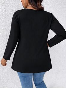 EMERY ROSE Plus Size Women's T-Shirt, Elegant Sexy Casual Minimalist Commute Versatile Slimming Daily Mesh Patchwork Round Neck Design Long Sleeve T-Shirt Fall - Black - View 2