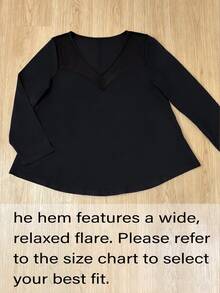 EMERY ROSE Plus Size Women's T-Shirt, Elegant Sexy Casual Minimalist Commute Versatile Slimming Daily Mesh Patchwork Round Neck Design Long Sleeve T-Shirt Fall - Black - View 3