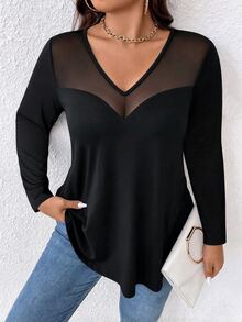 EMERY ROSE Plus Size Women's T-Shirt, Elegant Sexy Casual Minimalist Commute Versatile Slimming Daily Mesh Patchwork Round Neck Design Long Sleeve T-Shirt Fall - Black - View 7