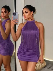 SHEIN BamGlam This Is A New Autumn-Winter Style Sexy Neckline, Backless, Side Pleated, Fringed Short-Sleeved Halter-Neck Dress. It Is Suitable For Parties, Gatherin - Purple - View 2