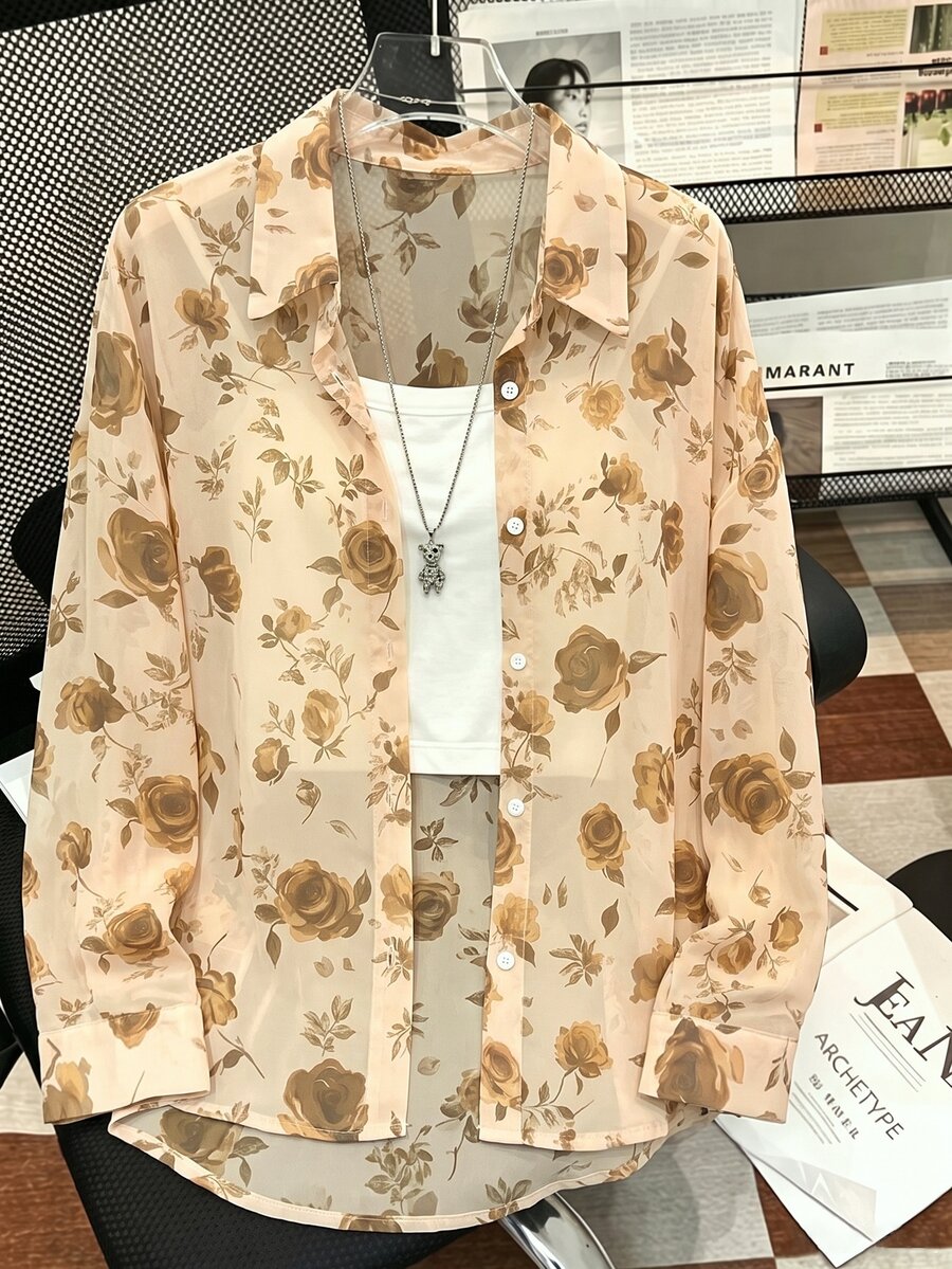 Resyla Plus Size Floral Print Semi-Sheer Blouse - Multicolor - View 1