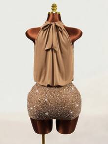 Mistrie 2026 Lady's Autumn-Winter New Style Back Tie Halter Dress, With Sequin And Glitter Fabric - Brown - View 2