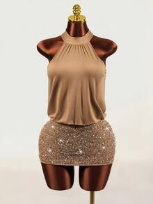 Mistrie 2026 Lady's Autumn-Winter New Style Back Tie Halter Dress, With Sequin And Glitter Fabric - Brown - View 7