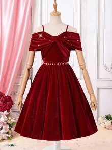 Girls' Elegant Satin Oversized Bow Sleeve Faux Pearl Decor Bow Front Apron A-Line Dress, Suitable For Party, Celebration, Christmas Ball, Wedding Guest Dress, Prom Dress - Burgundy - View 7