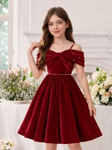 Girls' Elegant Satin Oversized Bow Sleeve Faux Pearl Decor Bow Front Apron A-Line Dress, Suitable For Party, Celebration, Christmas Ball, Wedding Guest Dress, Prom Dress - Burgundy - View 1