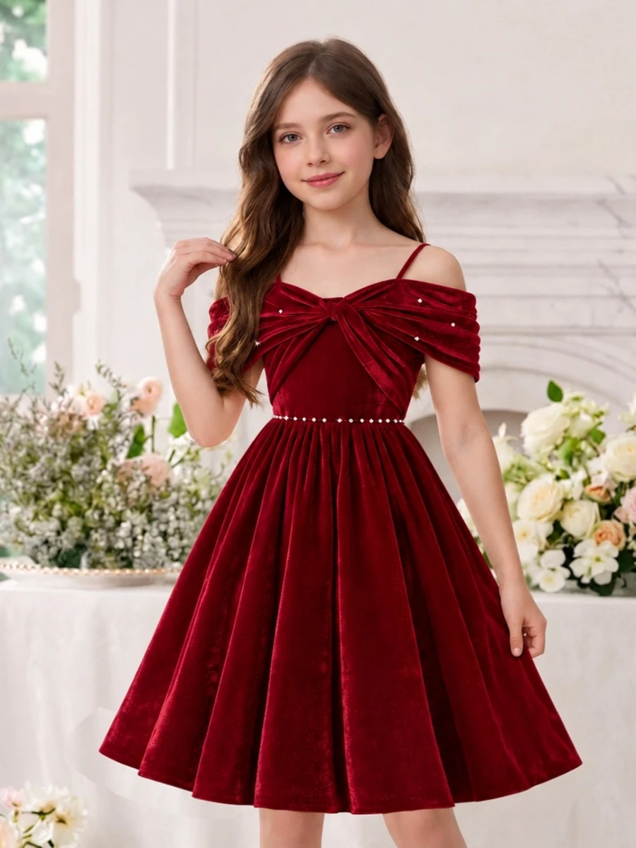 Girls' Elegant Satin Oversized Bow Sleeve Faux Pearl Decor Bow Front Apron A-Line Dress, Suitable For Party, Celebration, Christmas Ball, Wedding Guest Dress, Prom Dress - Burgundy - View 1