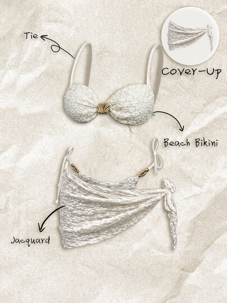 Elavelle Women's Spring/Summer Jacquard Fabric Side Tie Cover-Up Beach Party Vacation White Tropical Sexy - Beige - View 1