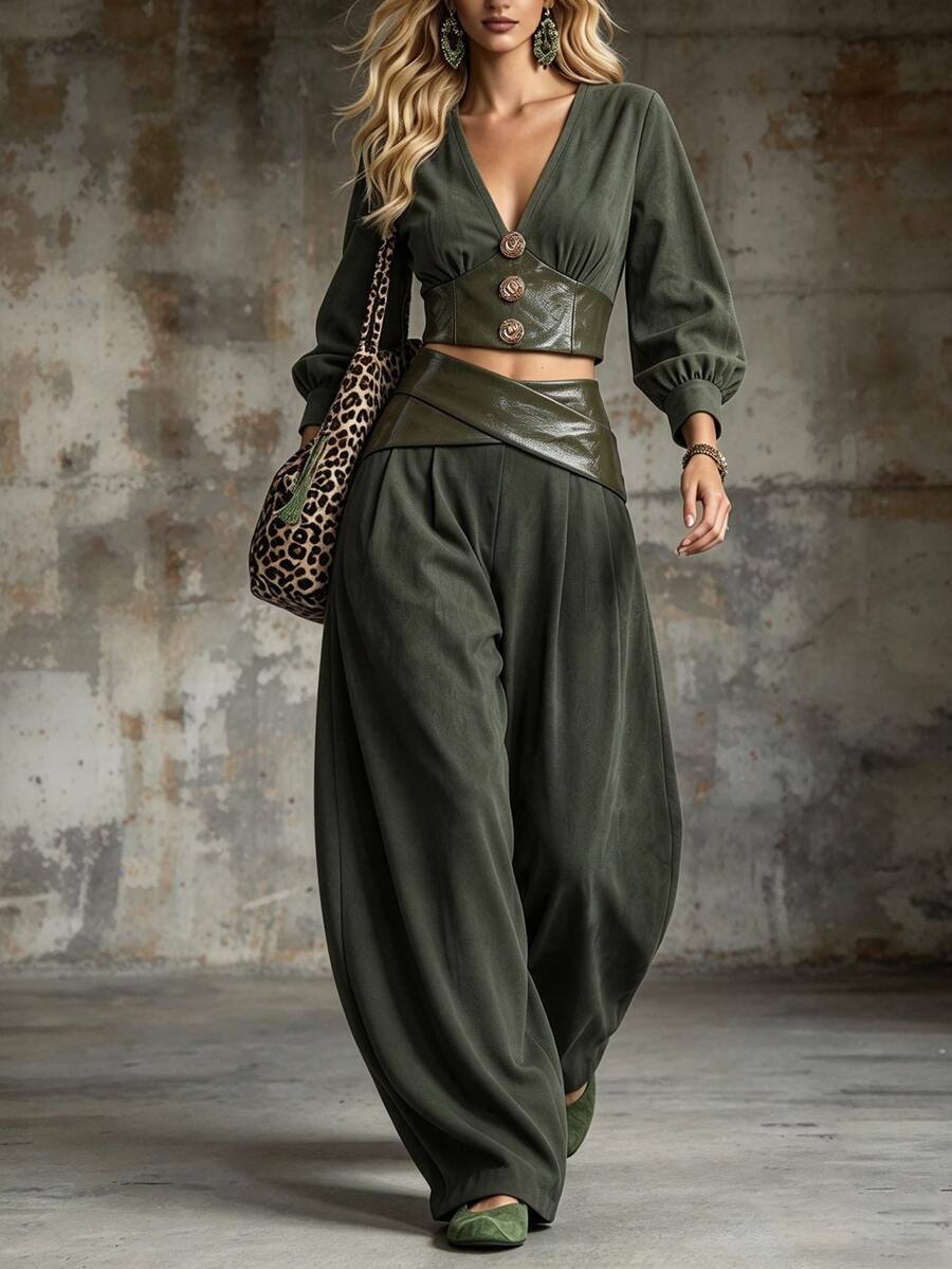 Breezaya Ladies' Spring-Autumn Two Pieces Set: Commuter Retro Elegant Olive Green Deep V-Neck Bell-Sleeve Top + Loose Casual Wide-Leg Curved Pants - Dark Green - View 1