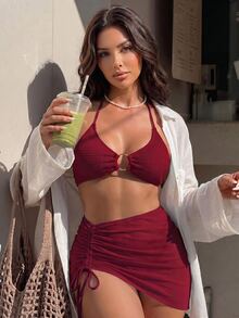 SHEIN Swim 紋理質感比基尼套裝環鏈三角形文胸和露臀下裝和罩衫半身裙3入組泳衣 - 紫紅色 - 查看 9