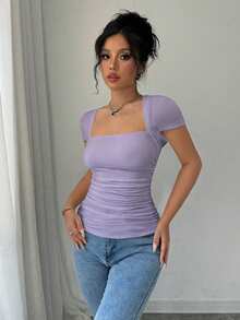 Rafferiza Fashionable Tight-Fitting U-Neck Waist Pleated High-Stretch Knit White T-Shirt For Women, Spring/Summer - Mauve Purple - View 6