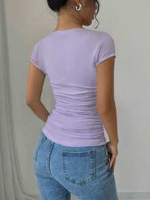 Rafferiza Fashionable Tight-Fitting U-Neck Waist Pleated High-Stretch Knit White T-Shirt For Women, Spring/Summer - Mauve Purple - View 2