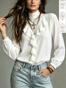 SHEIN Women's Spring/Autumn White Semi-High Neck Ruffle V-Neck Blouse, French Style Gentle Patchwork Pleated Lace Lantern Sleeve Top, Commuter Outfit - White - View 5