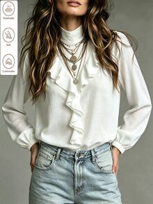 SHEIN Women's Spring/Autumn White Semi-High Neck Ruffle V-Neck Blouse, French Style Gentle Patchwork Pleated Lace Lantern Sleeve Top, Commuter Outfit - White - View 6