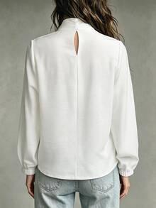 SHEIN Women's Spring/Autumn White Semi-High Neck Ruffle V-Neck Blouse, French Style Gentle Patchwork Pleated Lace Lantern Sleeve Top, Commuter Outfit - White - View 3
