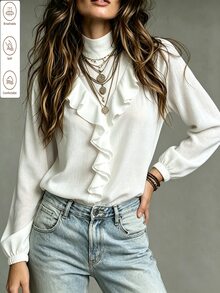 SHEIN Women's Spring/Autumn White Semi-High Neck Ruffle V-Neck Blouse, French Style Gentle Patchwork Pleated Lace Lantern Sleeve Top, Commuter Outfit - White - View 7