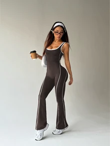Dewbera Dewbera Color-Blocked Back Slogan Print Flared Hem Sports Jumpsuit Y2k Workout Twilight  Brown Set  Brown Bodysuit Pink Bodysuit. - Brown - View 8