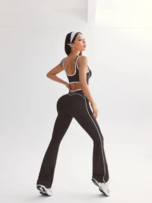 Dewbera Dewbera Color-Blocked Back Slogan Print Flared Hem Sports Jumpsuit Y2k Workout Twilight  Brown Set  Brown Bodysuit Pink Bodysuit. - Brown - View 5