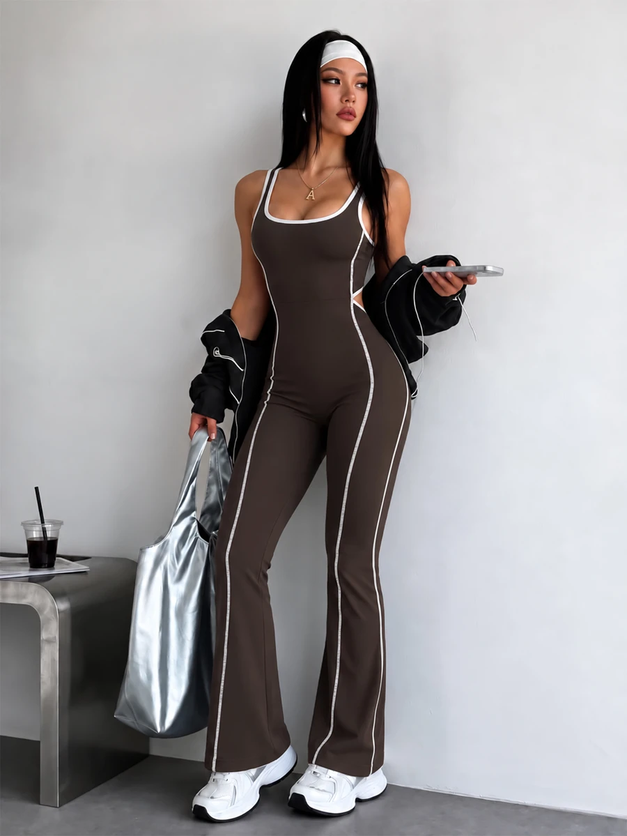 Dewbera Dewbera Color-Blocked Back Slogan Print Flared Hem Sports Jumpsuit Y2k Workout Twilight Brown Set Brown Bodysuit Pink Bodysuit. - Brown - View 1