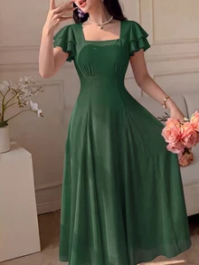 Modelyn 女款設計師方領開衩三角中長洋裝 深綠色 夏季浪漫優雅 聖誕約會派對穿搭 - 墨綠色 - 查看 3