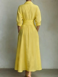 Breezaya Women's Simple Casual Shirt Collar Dress - Light Yellow - View 2
