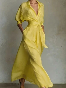 Breezaya Women's Simple Casual Shirt Collar Dress - Light Yellow - View 4