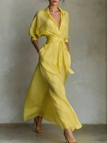 Breezaya Women's Simple Casual Shirt Collar Dress - Light Yellow - View 3