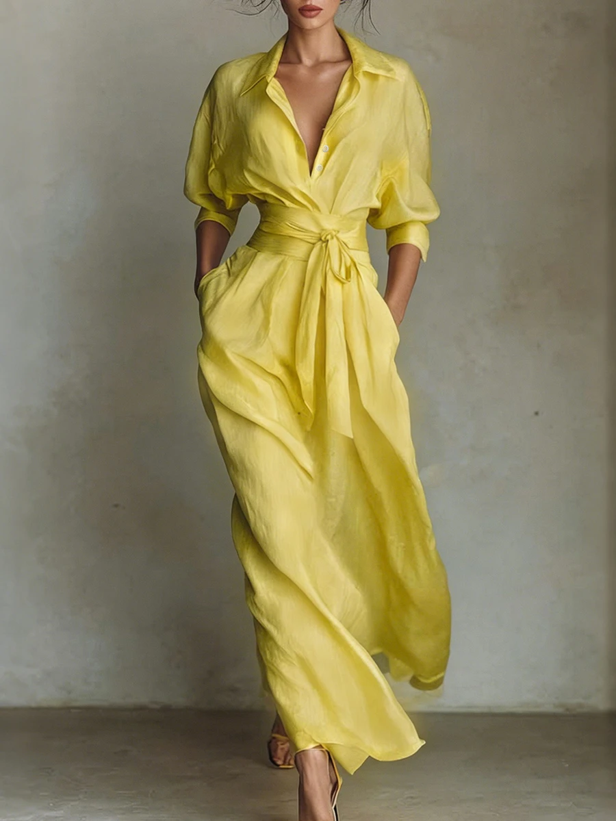 Breezaya Women's Simple Casual Shirt Collar Dress - Light Yellow - View 1