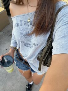SuriyaCove 豹紋印花極簡圓領T恤，送給朋友的禮物 - 灰色 - 查看 1