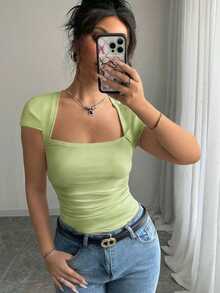 Rafferiza Fashionable Tight-Fitting U-Neck Waist Pleated High-Stretch Knit White T-Shirt For Women, Spring/Summer - Green - View 3