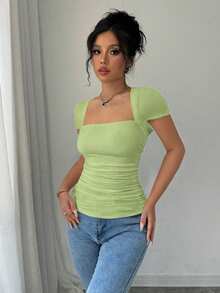 Rafferiza Fashionable Tight-Fitting U-Neck Waist Pleated High-Stretch Knit White T-Shirt For Women, Spring/Summer - Green - View 4