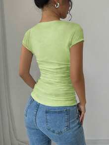 Rafferiza Fashionable Tight-Fitting U-Neck Waist Pleated High-Stretch Knit White T-Shirt For Women, Spring/Summer - Green - View 2