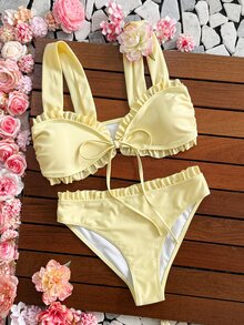 SHEIN Swim Young Ladies' Sweet 2pcs Ditsy Floral Random Flower Halter Strap Triangle Bikini Swimwear Set - Light Yellow - View 4