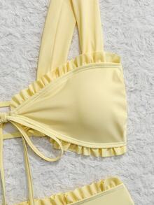 SHEIN Swim Young Ladies' Sweet 2pcs Ditsy Floral Random Flower Halter Strap Triangle Bikini Swimwear Set - Light Yellow - View 6