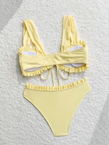 SHEIN Swim Young Ladies' Sweet 2pcs Ditsy Floral Random Flower Halter Strap Triangle Bikini Swimwear Set - Light Yellow - View 2
